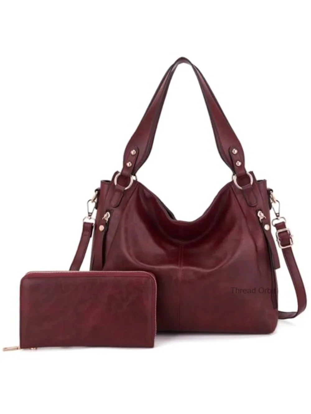 2pc Hobo Handbag & Wallet Set Faux Leather Tote Shoulder Bag